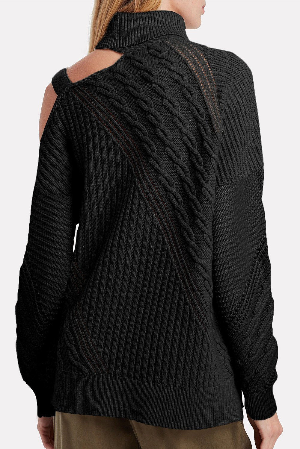 Women's Turtleneck Sweater with Winter Black Strapped Cut out Shoulder