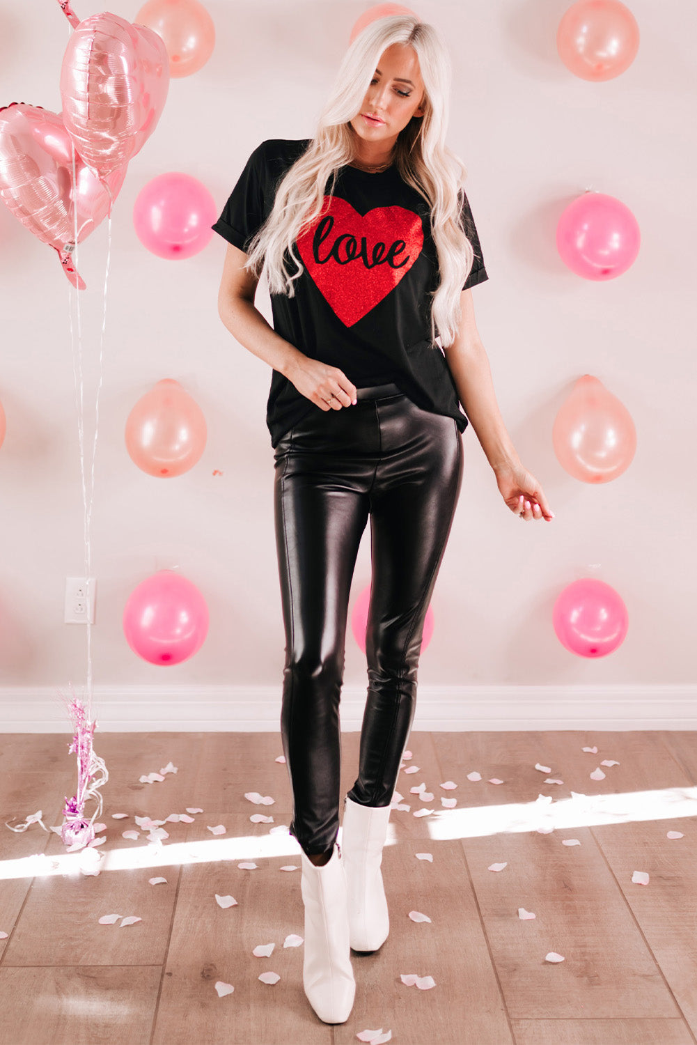 T Shirt for Women Print Love Heart Shaped Glitter