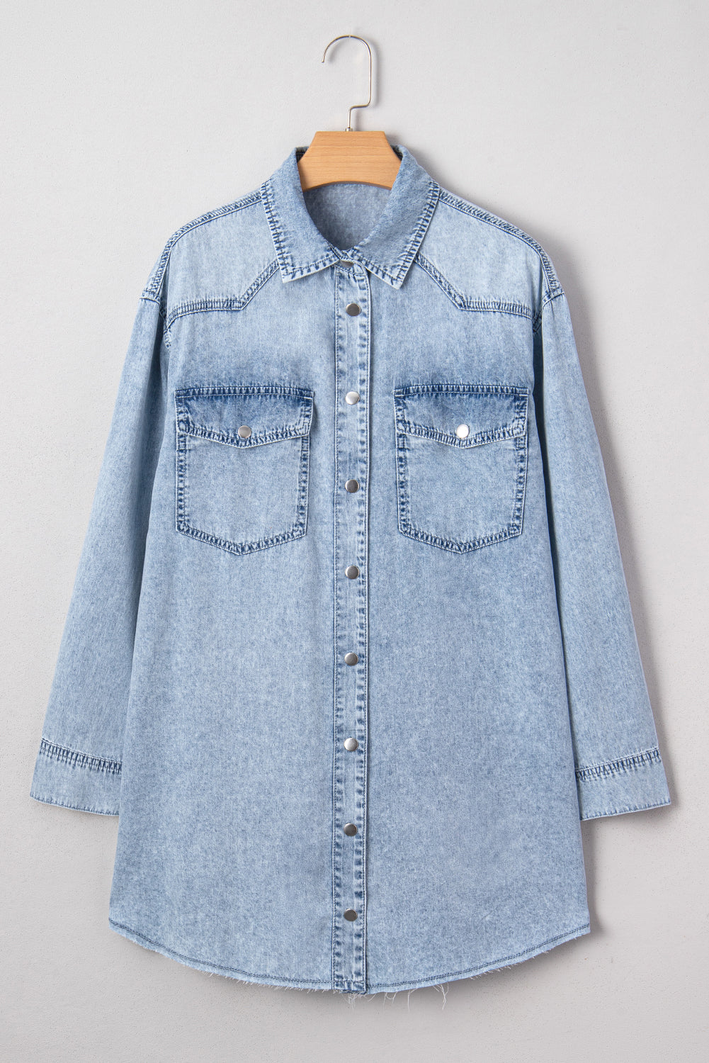 Chest Hem Pocket Raw Denim Loose Shirt Dress