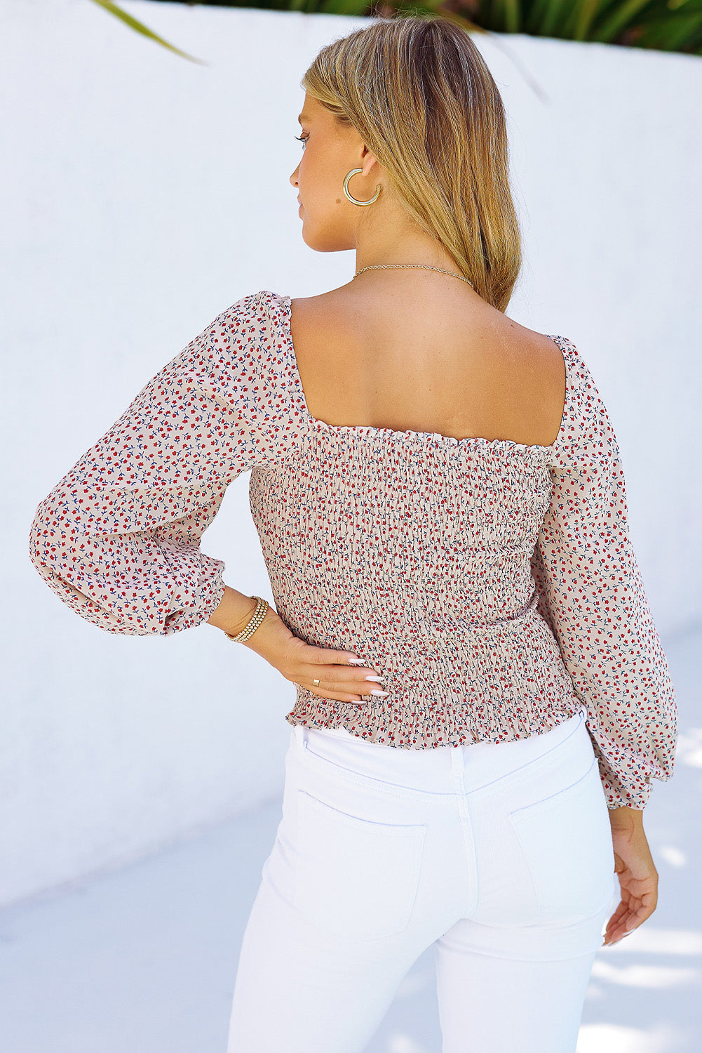 Women's Top with Balloon Sleeve Shirred Square Neck