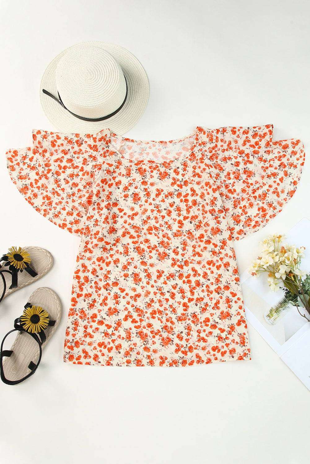 Blouse for Women Layered Flutter Sleeve Floral-Print