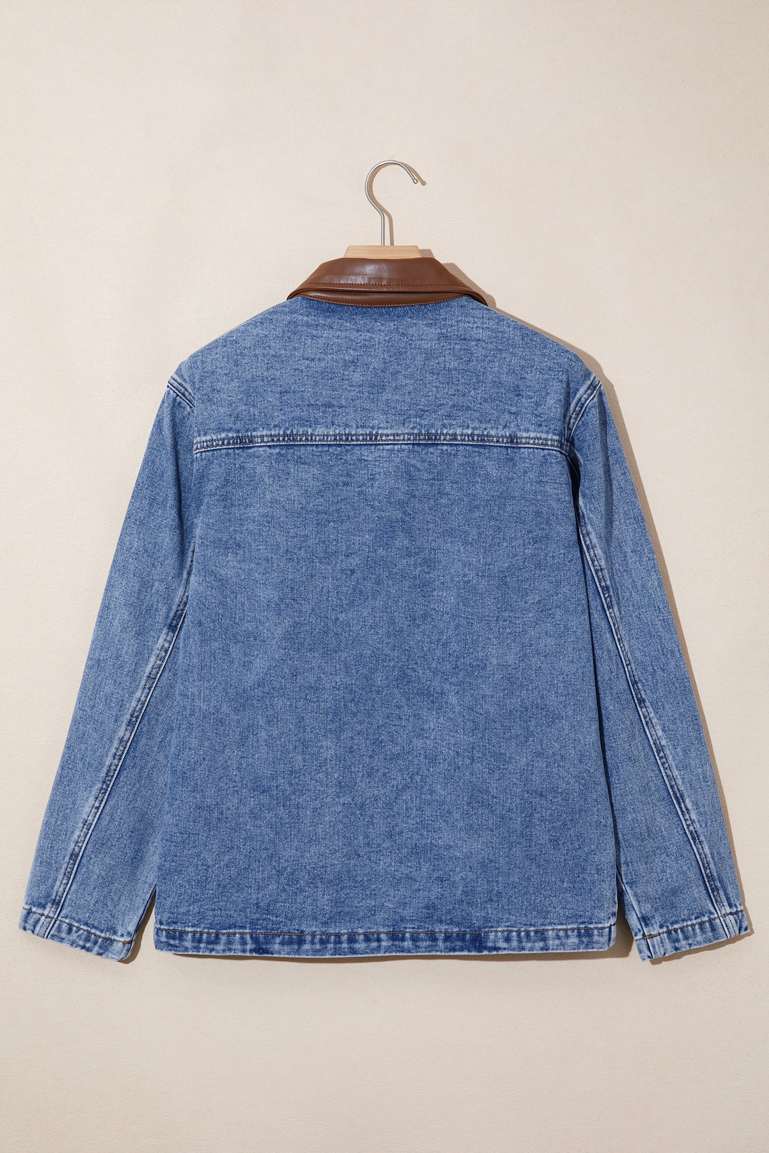 Patchwork Leather Collar Long-Sleeved Denim Jacket in Sky Blue