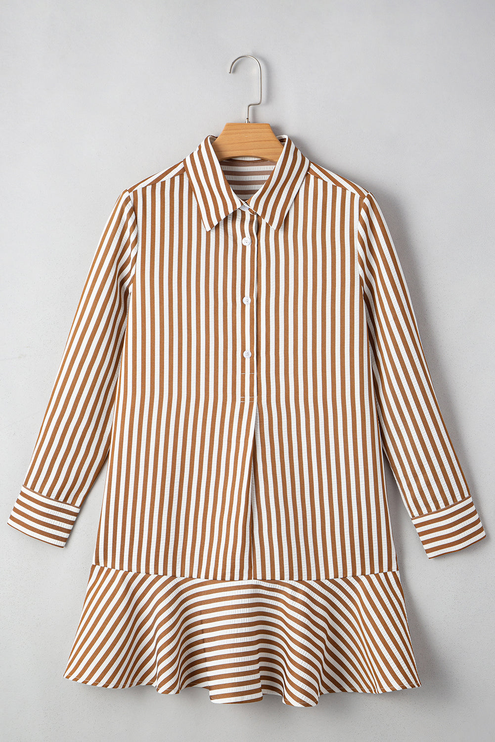 Ruffled Long-Sleeved Hem Collared Shirt Mini Dress