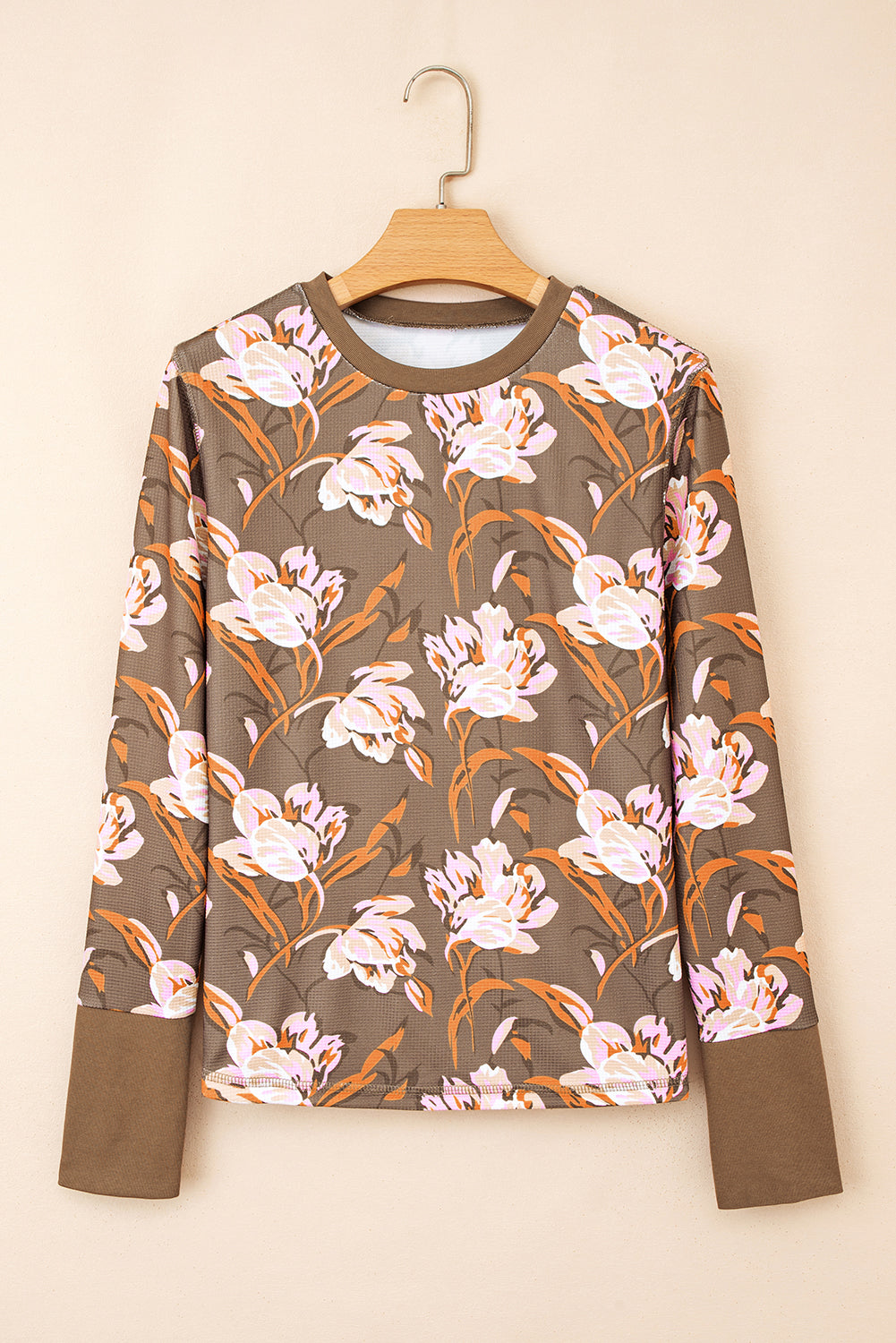 Floral-Print Long-Sleeved Waffle Textured Top in Brown