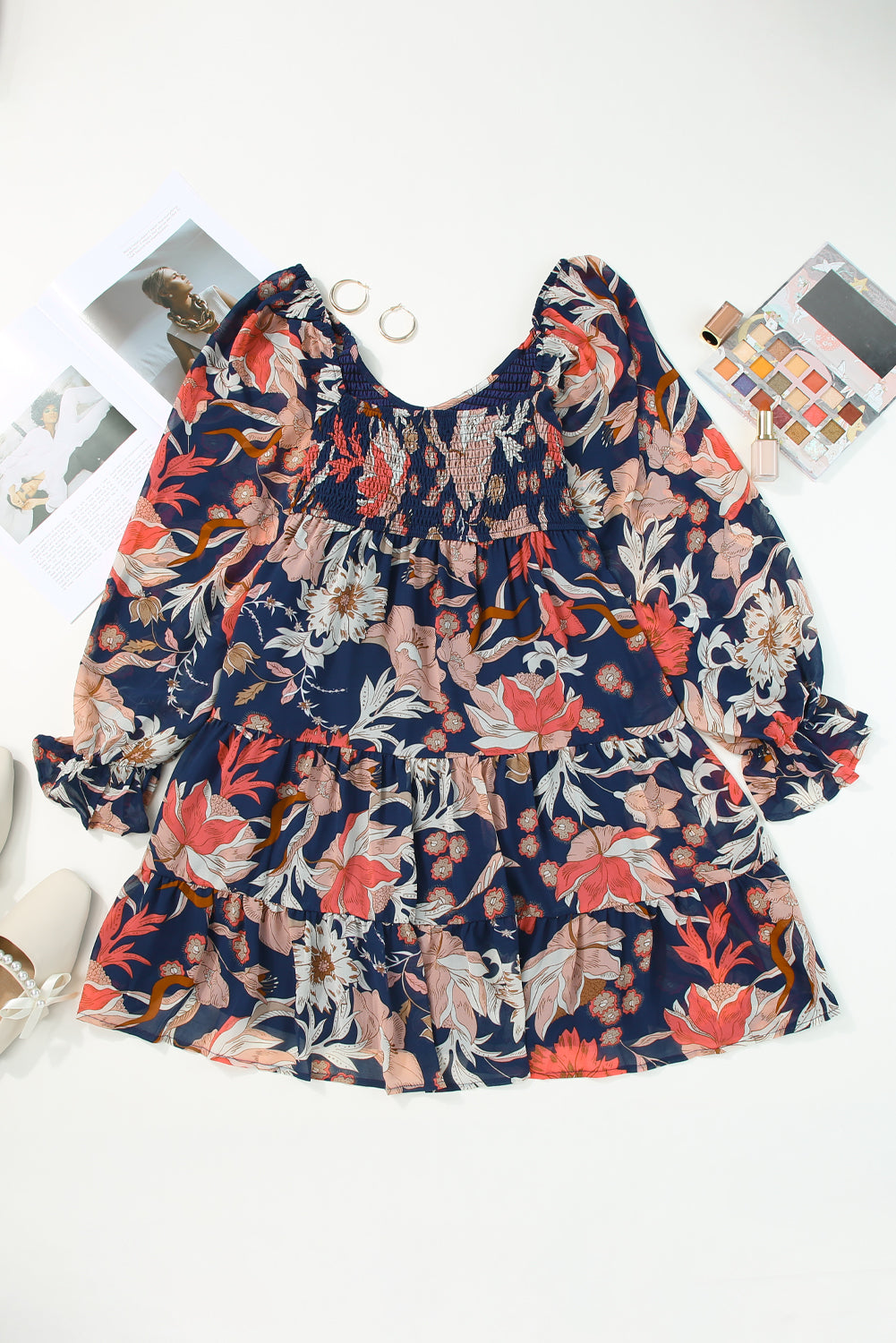Women's Mini Dress with Floral-Print Layered Long Balloon Sleeve