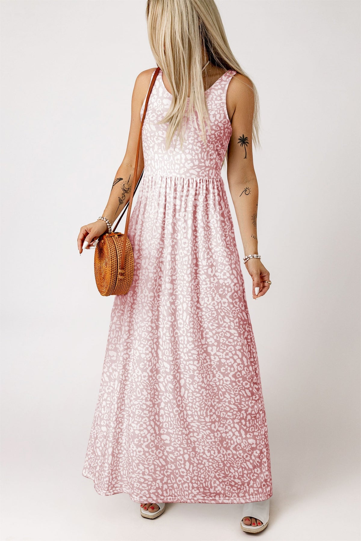 Women's Maxi Dress with Leopard-Print Pocket-Detail Sleeveless