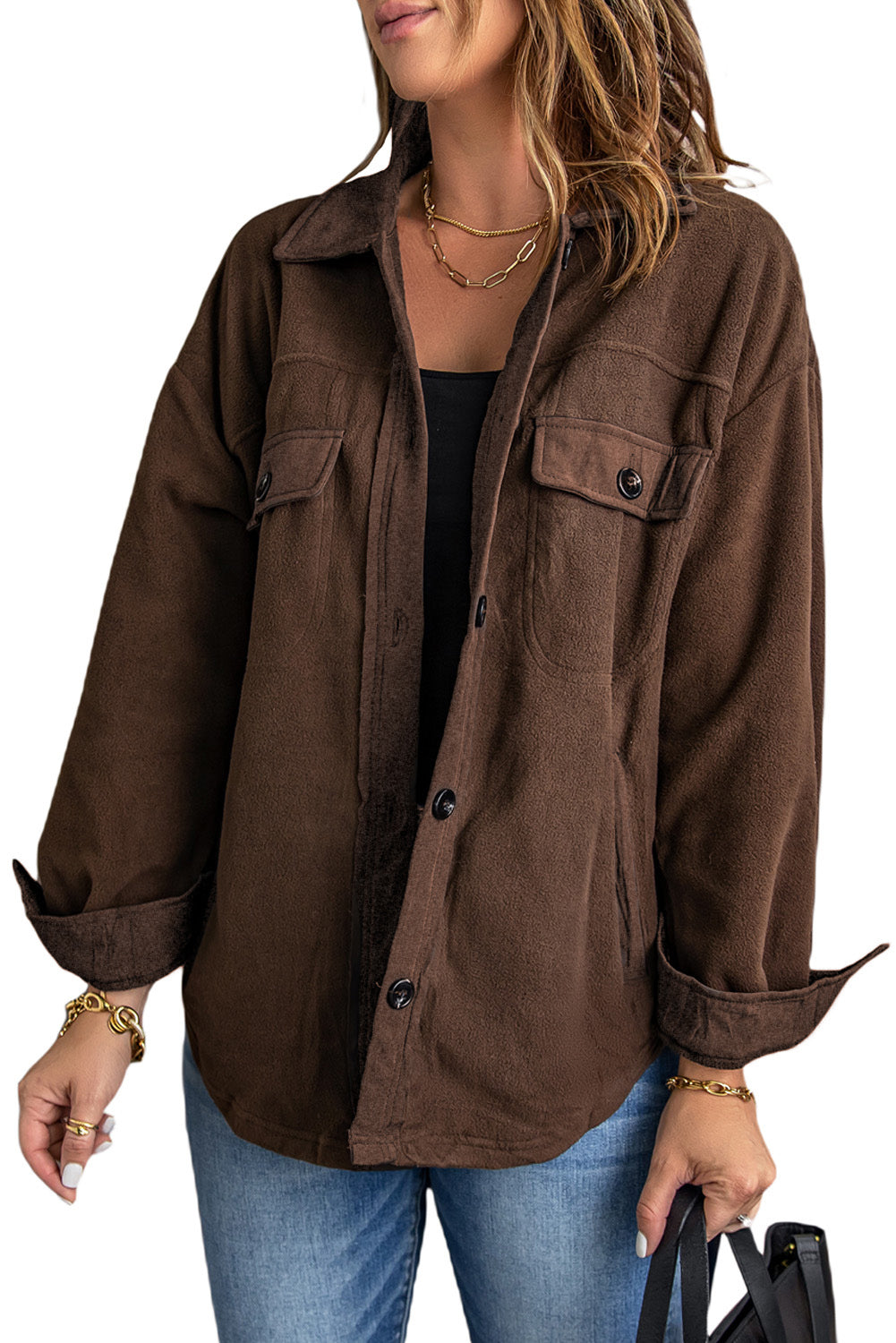 Women's Shirt Jacket Featuring Collar Turn Down