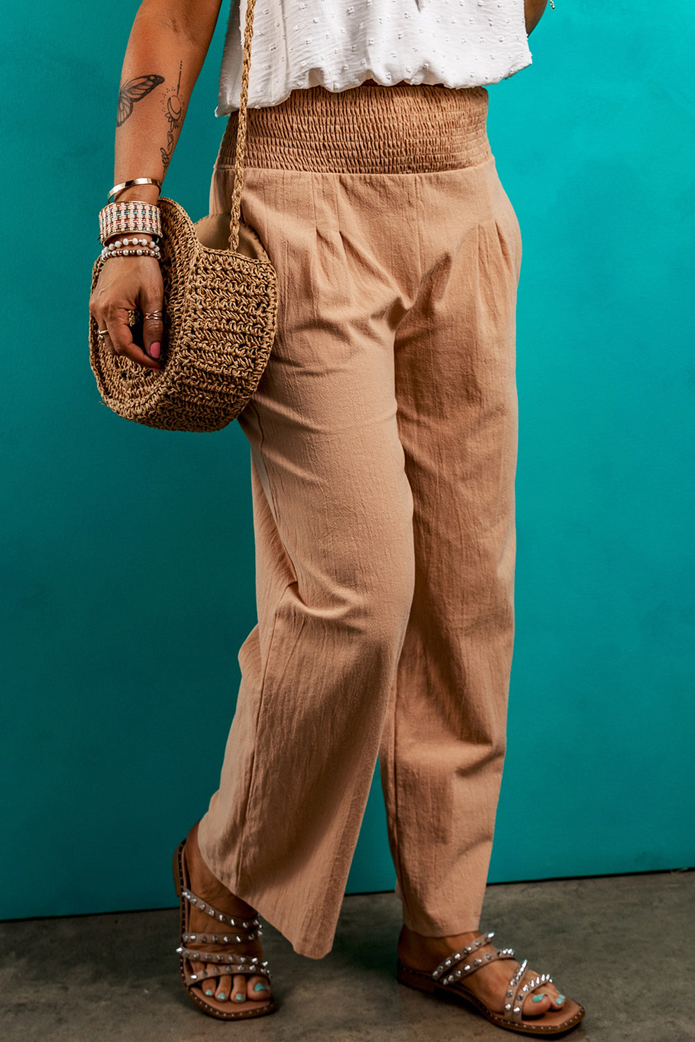 Women's Loose Straight Shirred-Waist Leg Pants
