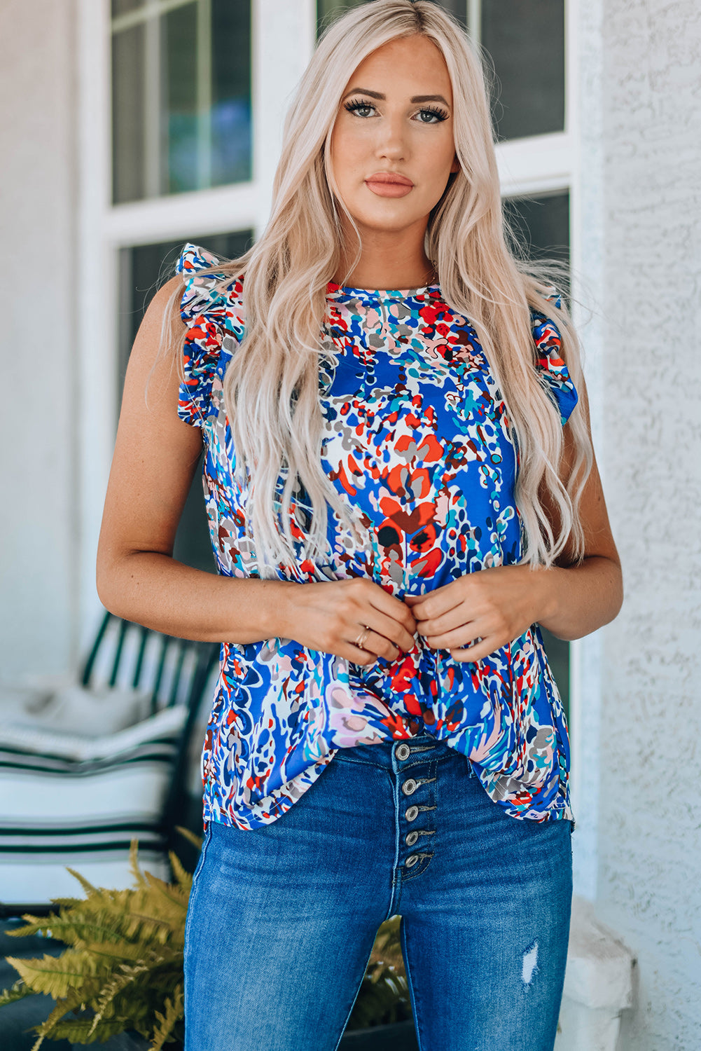 Women's Tank Top with Floral-Print Print Ruffles