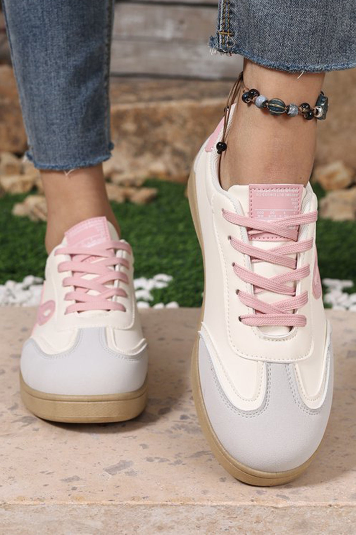 Pink Bow Cute Bow Patch Colorblock PU Leather Sneakers