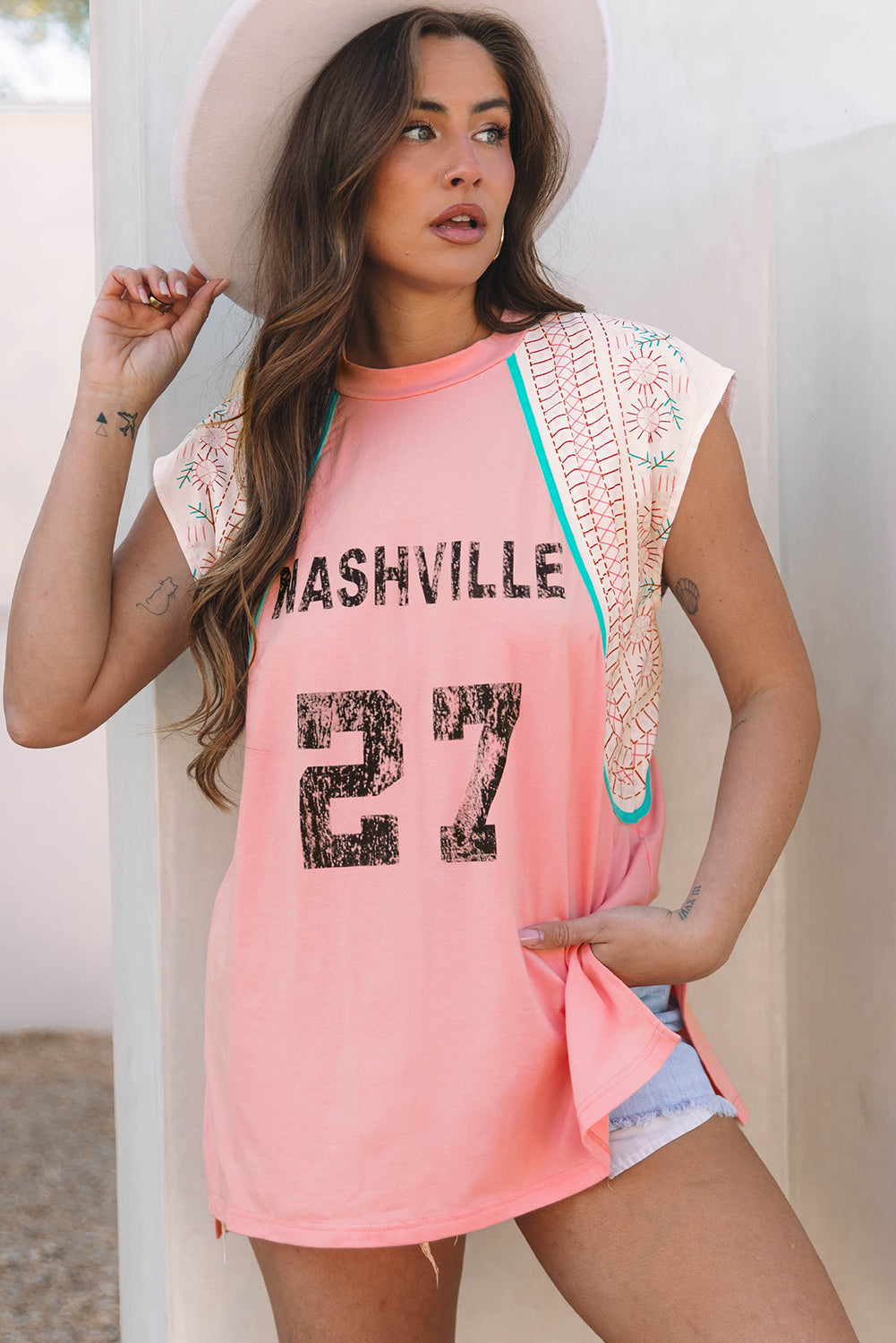 Pink Vintage Nashville Printed Patchwork Tank Top