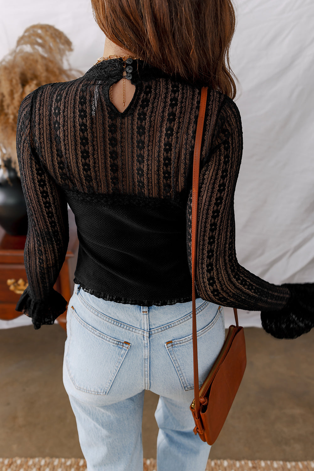Flounce Lace Patchwork Sleeve Slim Fit Top in Black