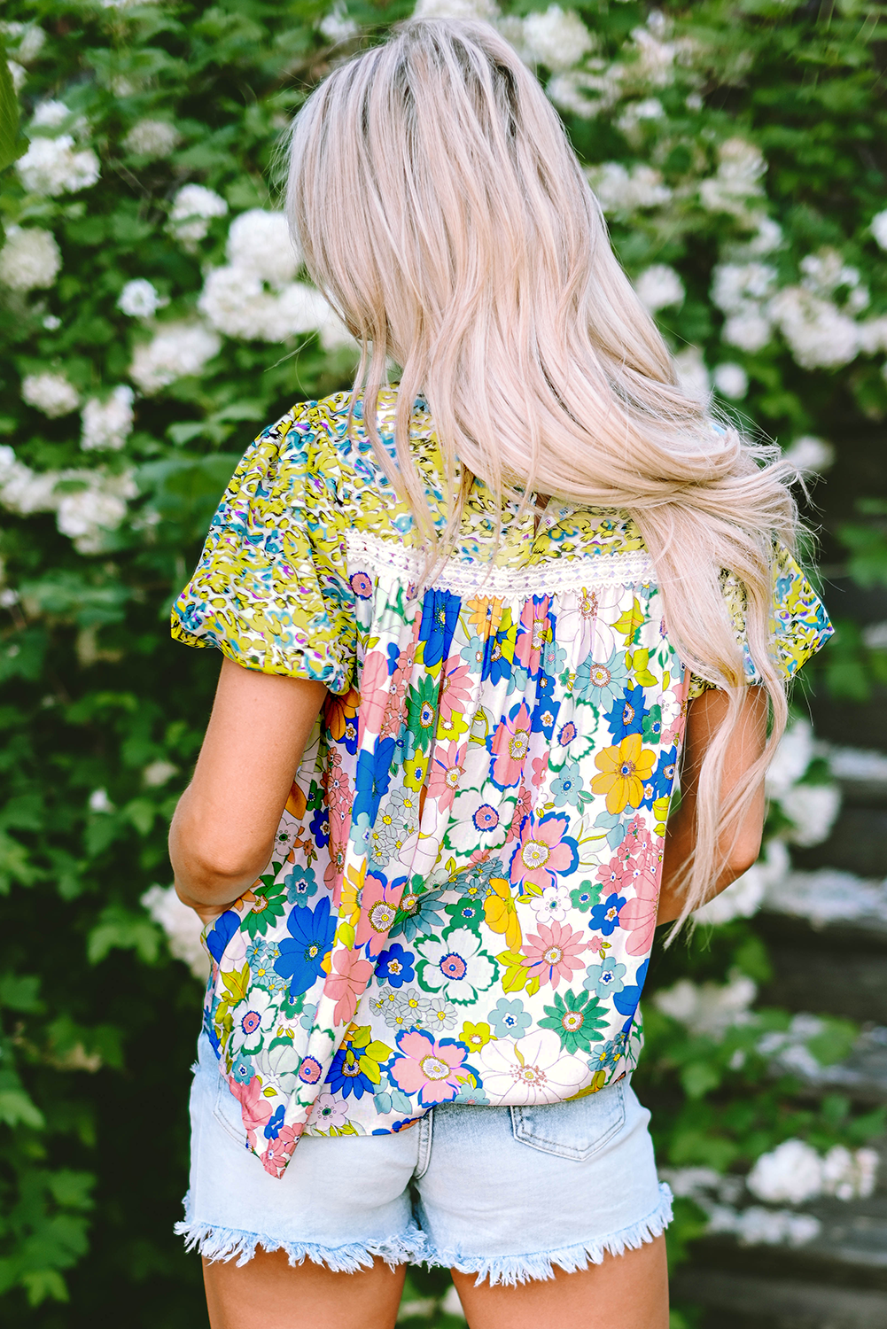Women's Blouse with Lace-Trimmed Trim Floral-Print Mixed Print Bubble Sleeve