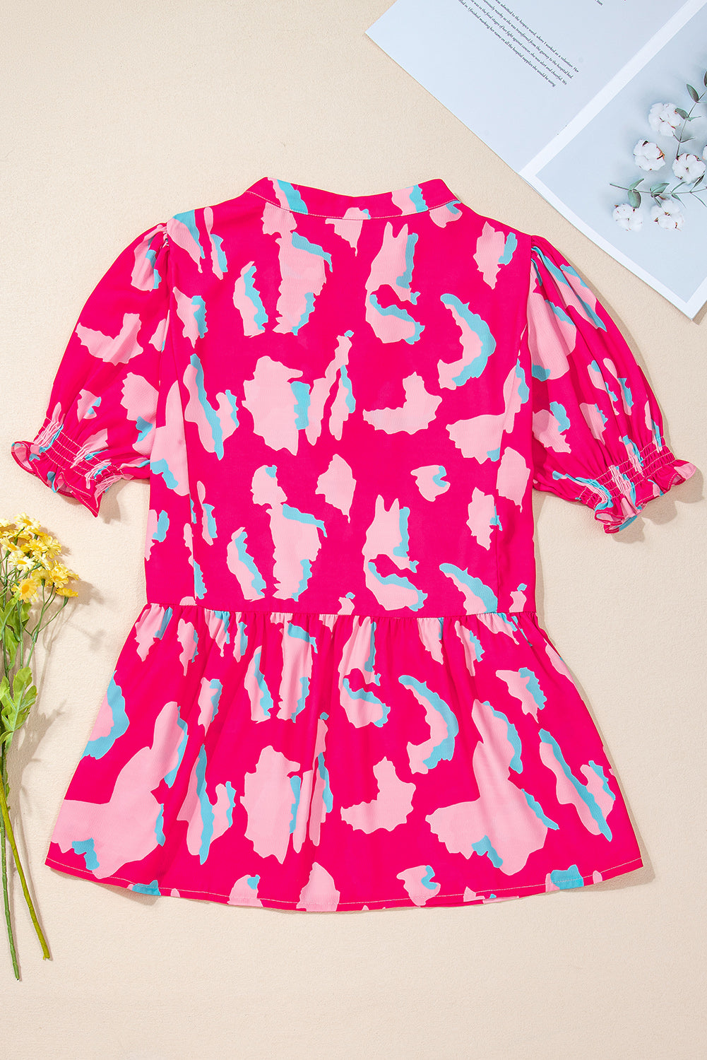 Women's Blouse with Shirred Balloon Sleeve V Neck