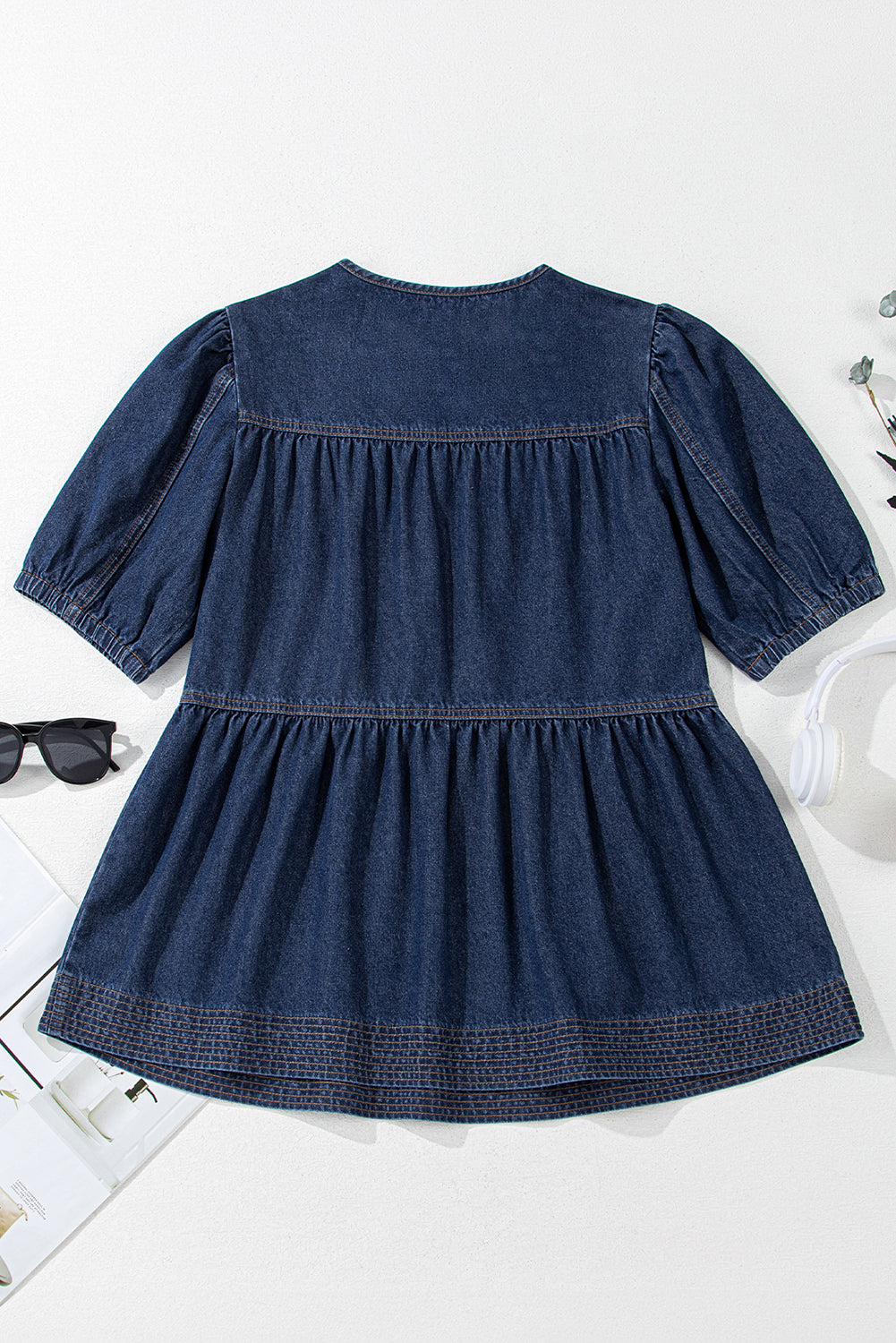 Lace-up Neckline Splicing Denim Blouse