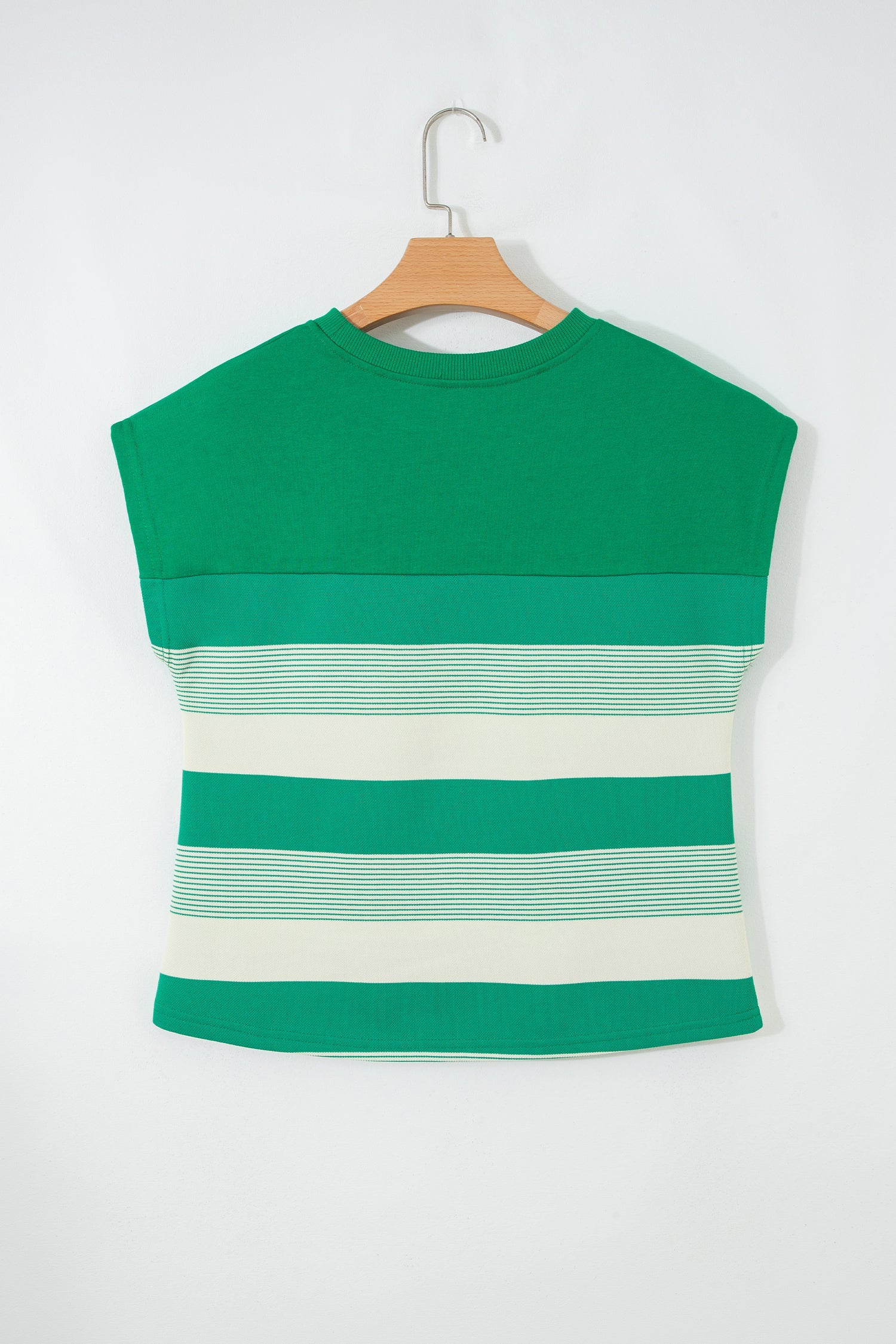 Timeless Mixed Green Stripe Print Crew-Neck Cap Sleeve T Shirt