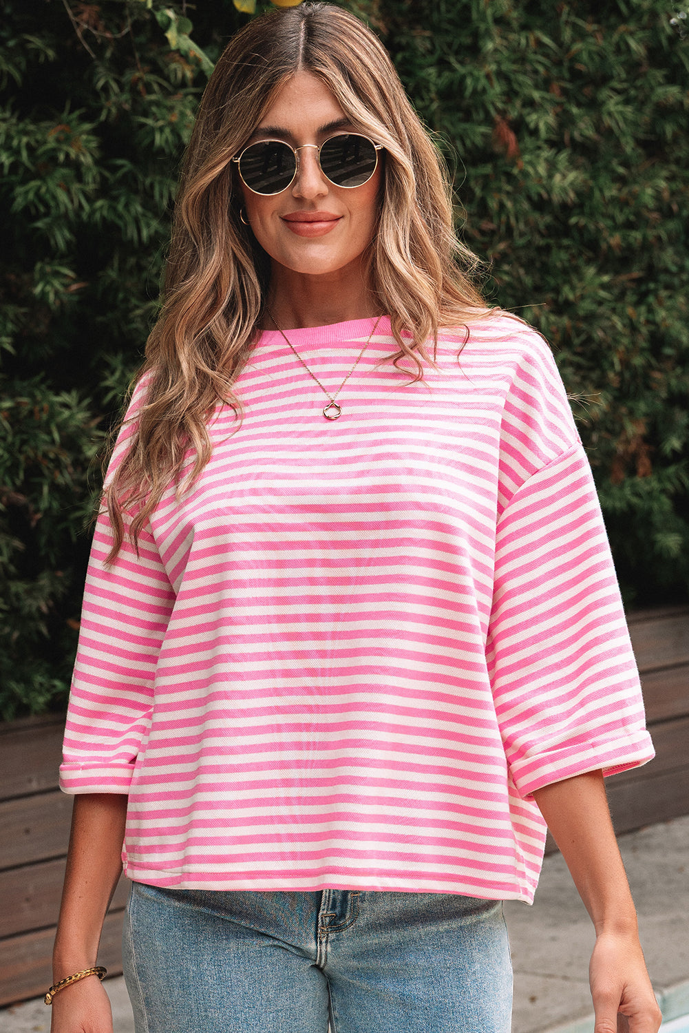 Back Bowknot Cutout Drop-Shoulder Wide Bracelet Sleeve Loose Tee