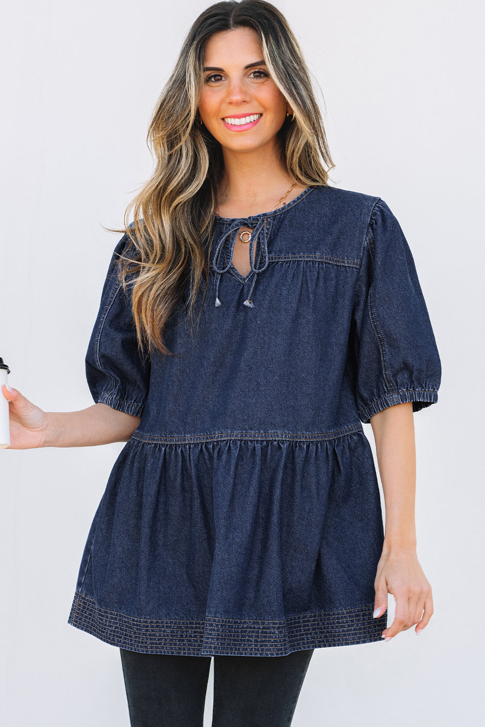 Lace-up Neckline Splicing Denim Blouse