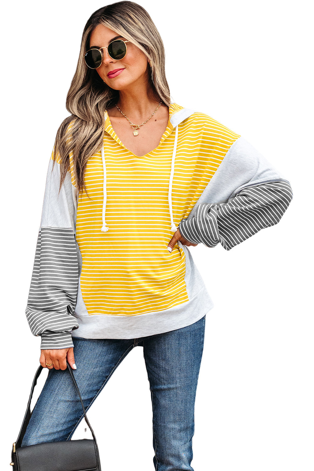 V-Neck Colorblock Drawcord Easy-Fit Fit Hooded Top