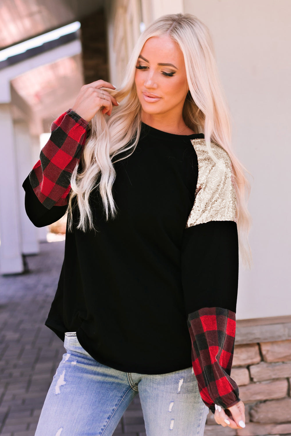 Women's Blouse with Crew Neck Plaid Splicing