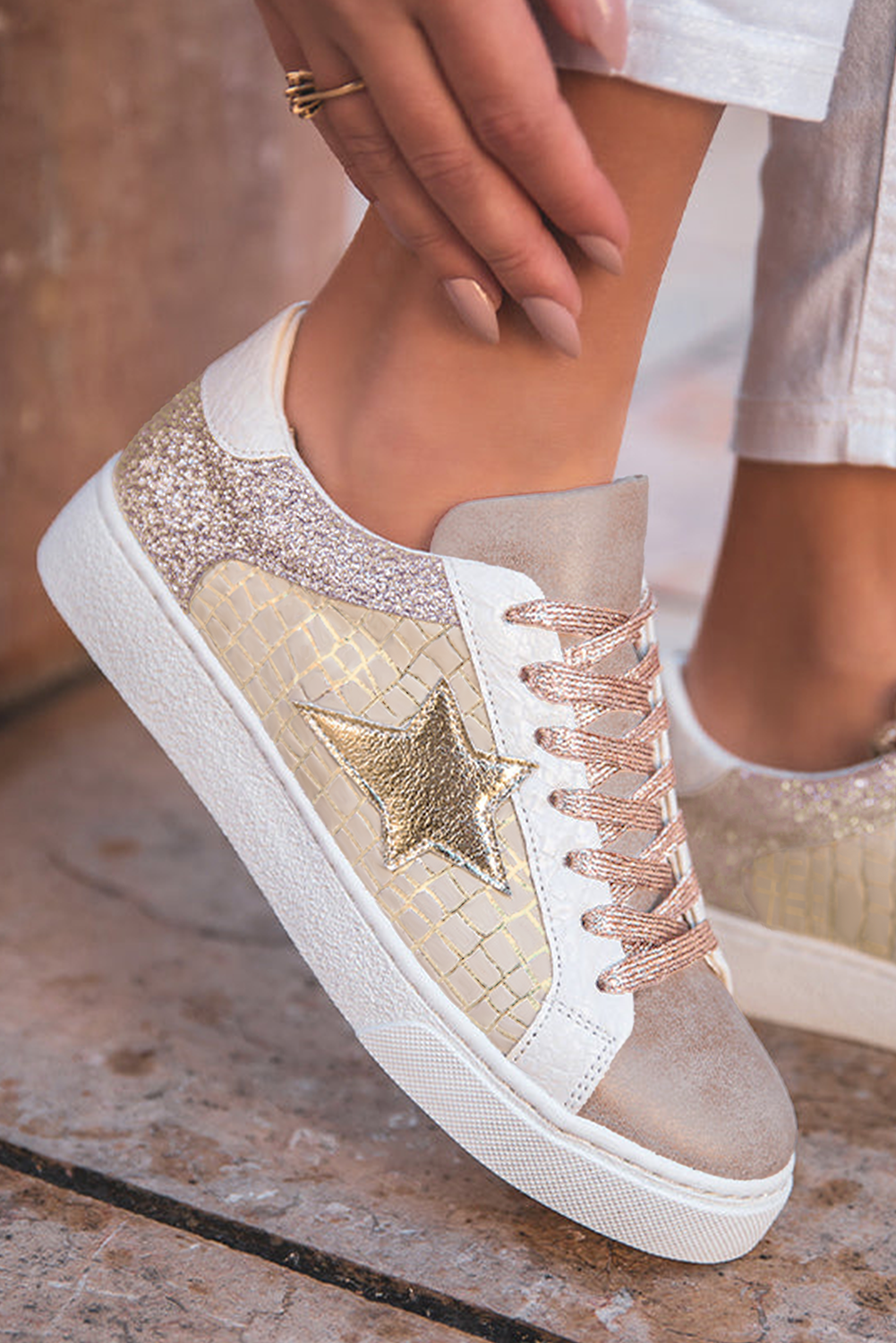 Star Patchwork Glitter Patchwork PU Leather Lace-up Sneakers
