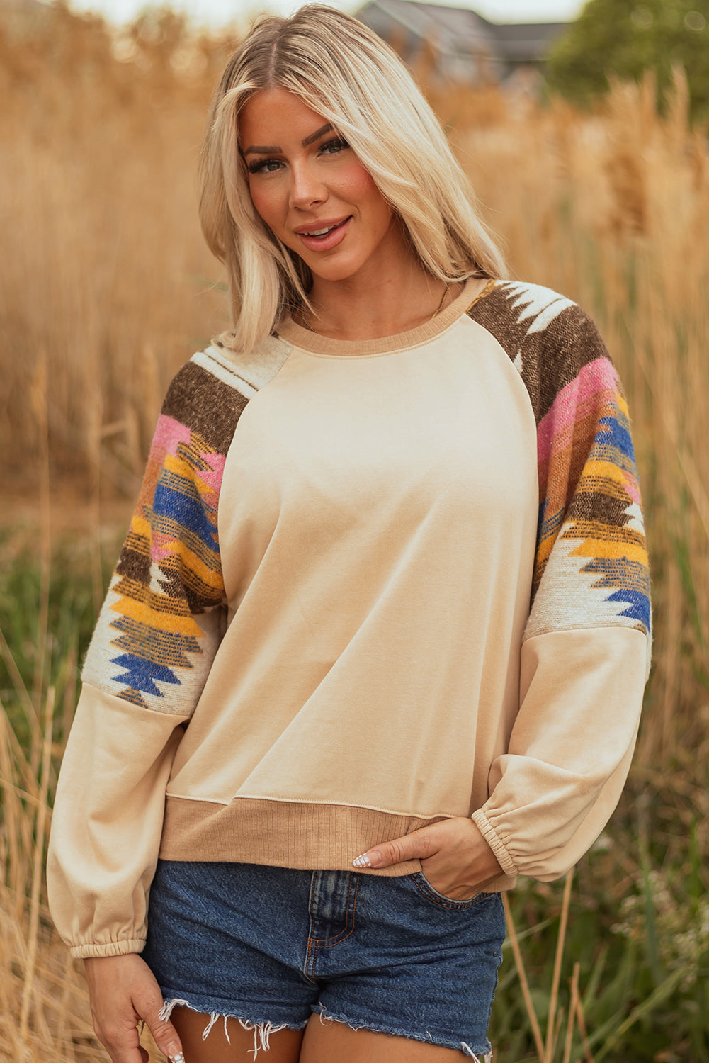 Aztec Patchwork Raglan Pullover Sweatshirt