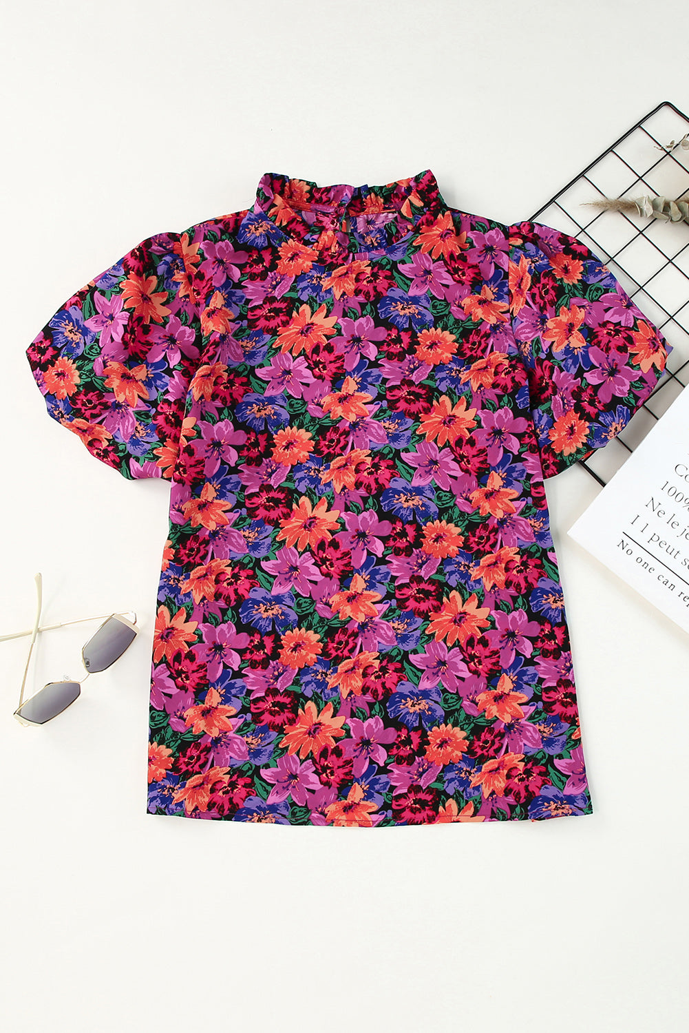Women's Blouse with Floral-Print Round Neck Balloon Sleeve
