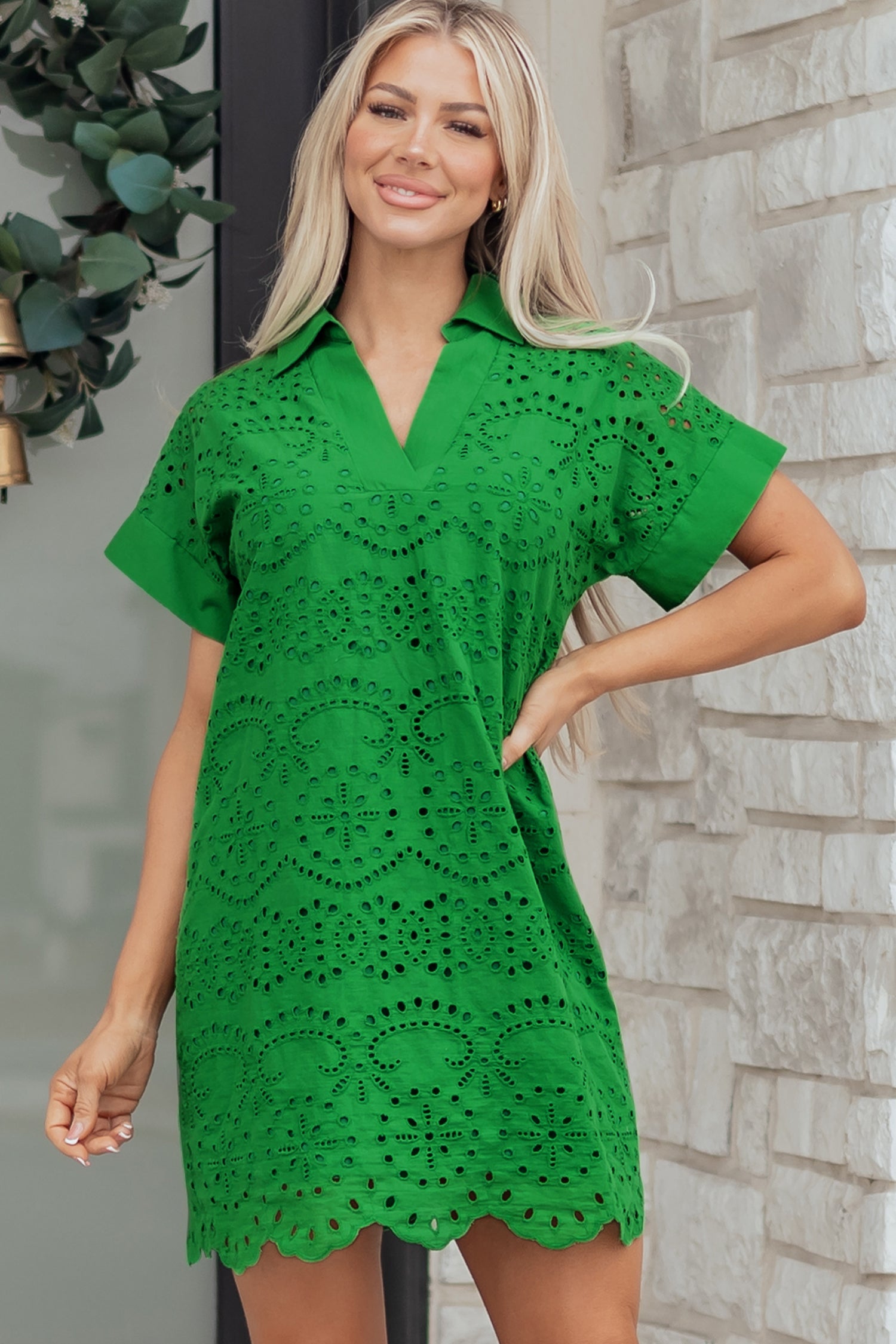 Solid T Eyelet Embroidered Shirt Mini Dress