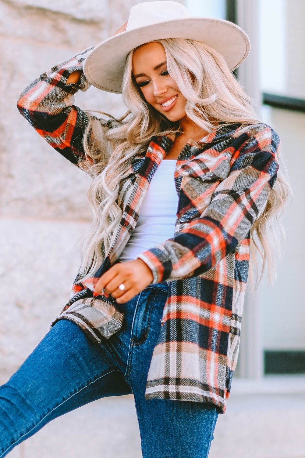 Shacket for Women Pocket-Detail Geometric Plaid
