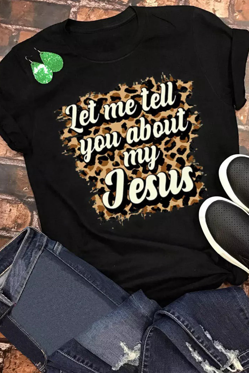 Women's Tee Featuring Let Me Tell You About My Jesus Leopard-Print Graphic-Print