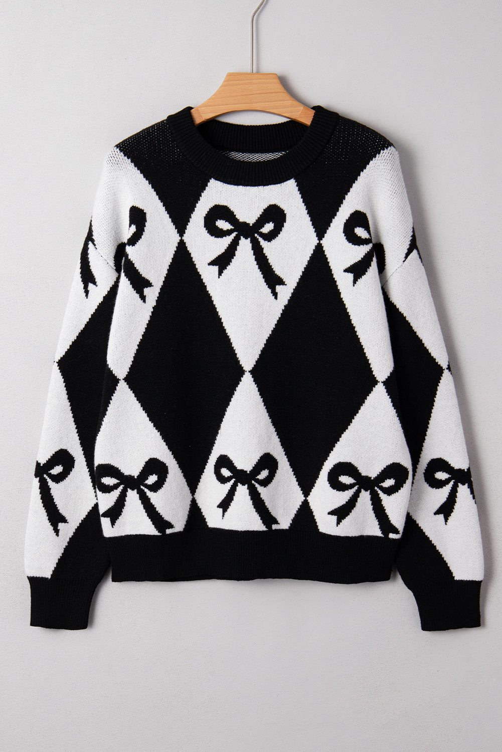 Bow Print 2-tone Rhombus Knit Loose Knit Top
