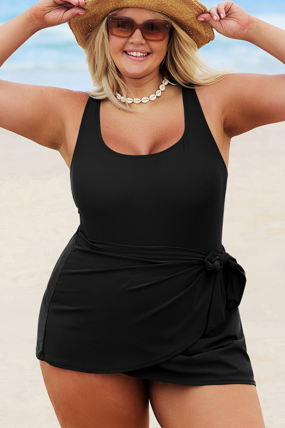 Black Square Neck Knotted Plus Size One Piece Swimsuit