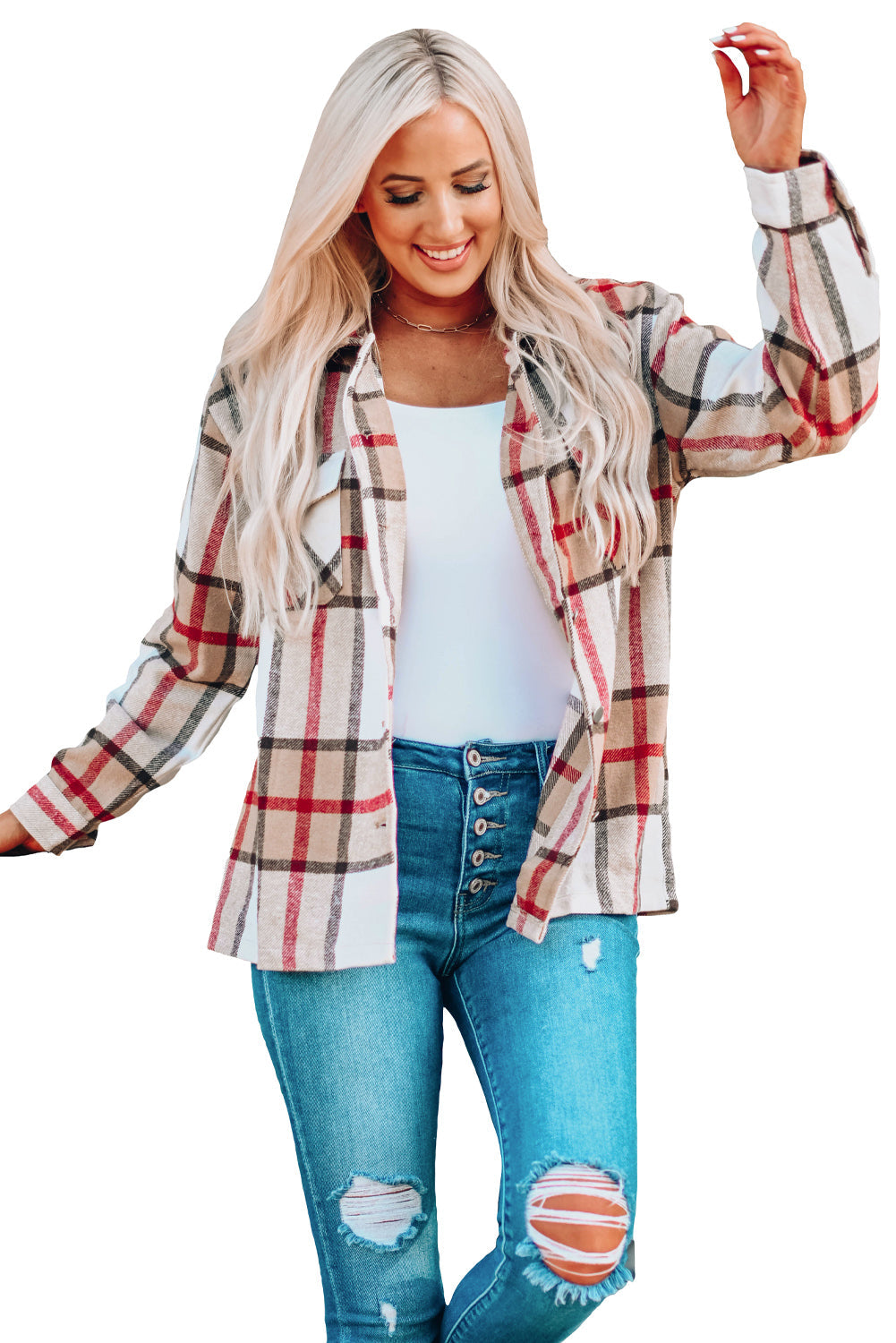 Women's Coat with Button-Front Shirt Plaid Print
