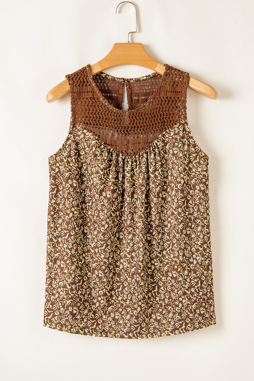 Eyelet Knit Yoke Patchwork Printed Flowy Fit Tank Top