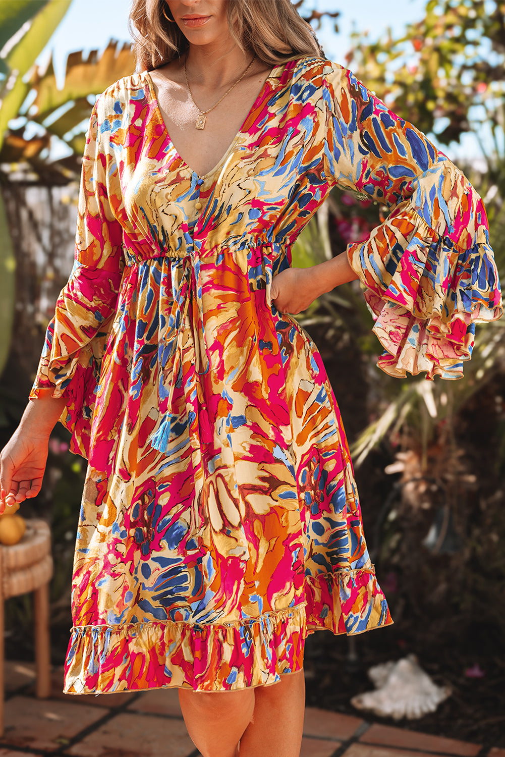 Plant Print Flared Sleeve Ruffled Hem Tunic Flowy Dress