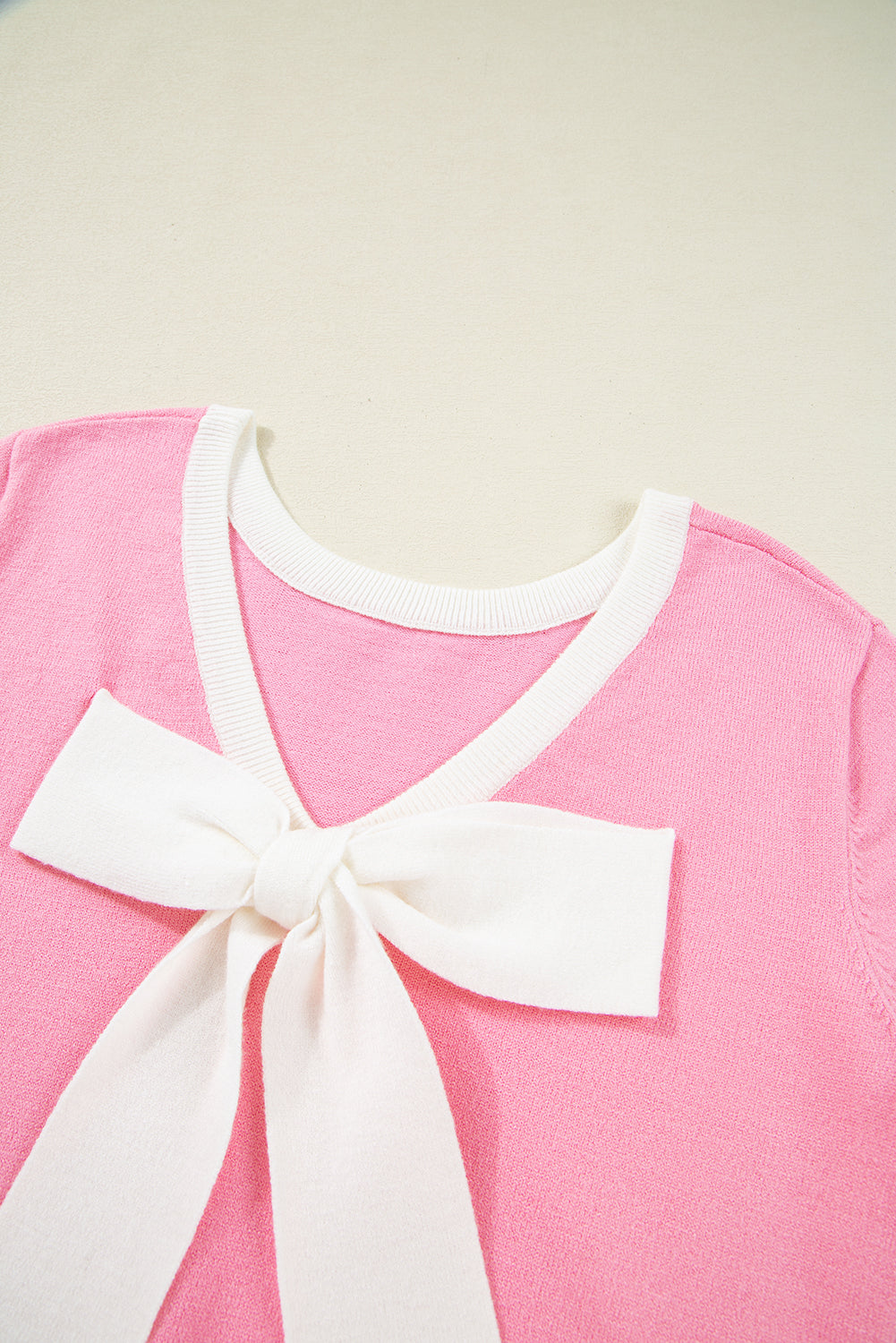 Pink Colorblock Bow V-Shape Cut Back Short Sleeve Sweater