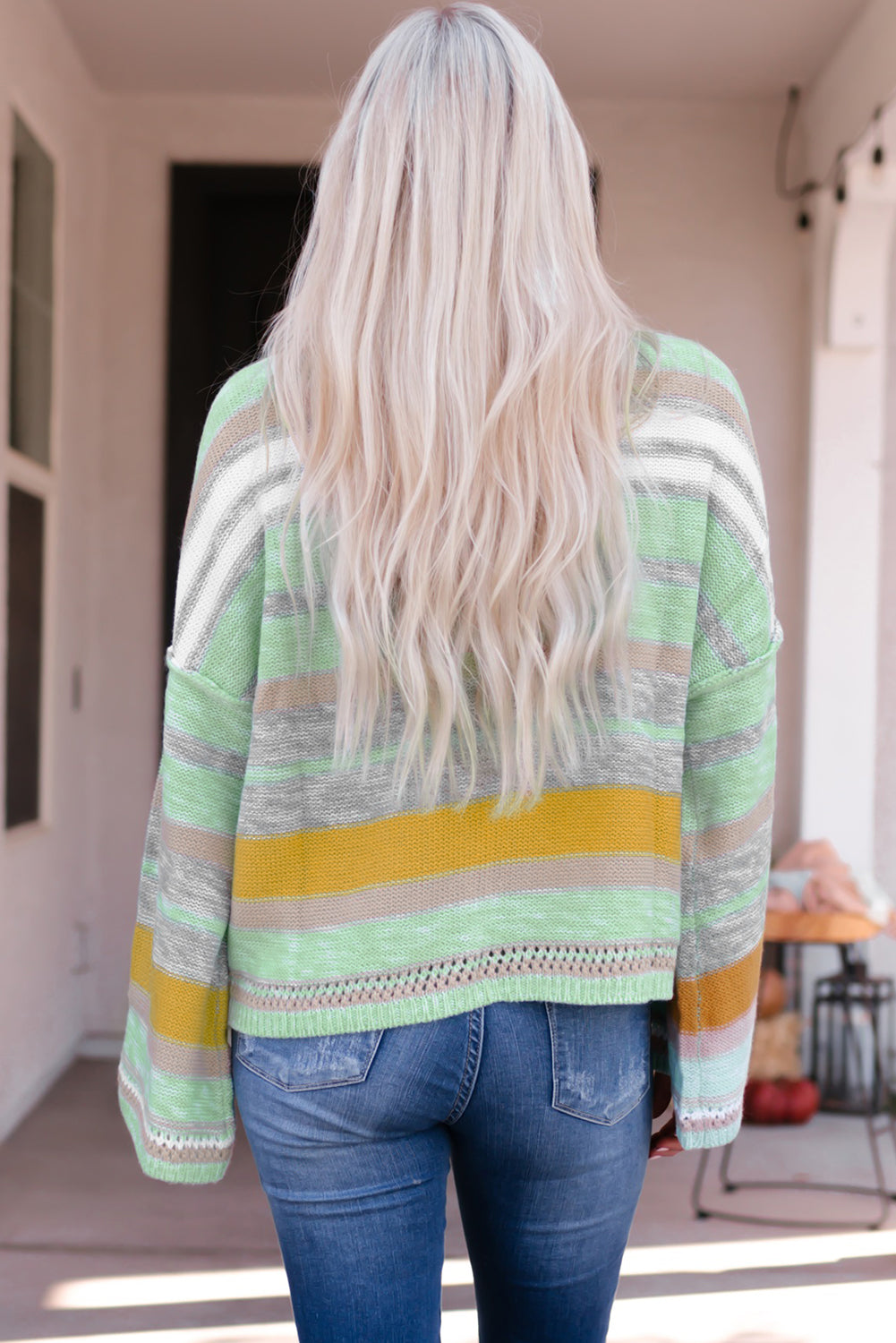 Women's Sweater Featuring Striped Bell Sleeves Loose