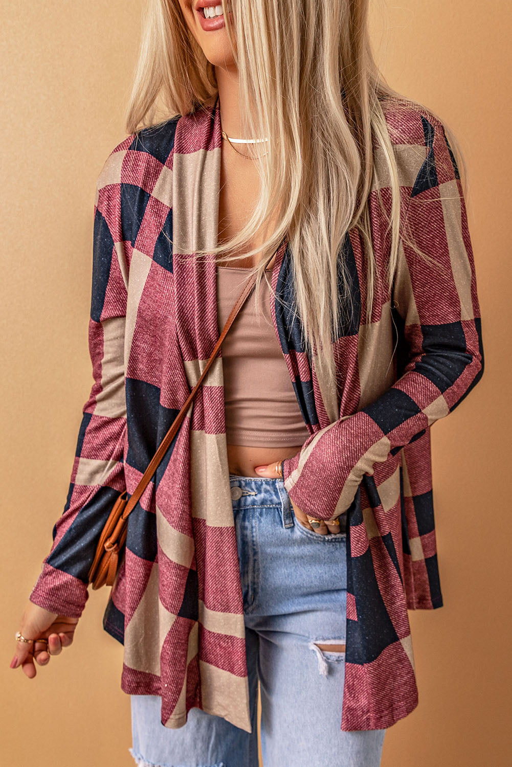Women's Cardigan with Draped Open Front Plaid