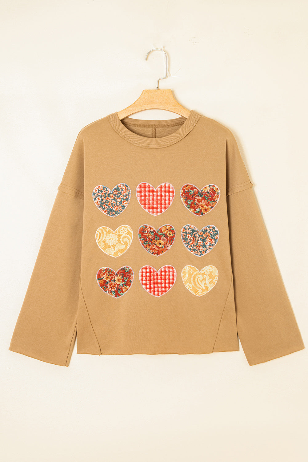 Plaid Floral Heart Stitched Exposed Seam Mineral Wash Sweatshirt