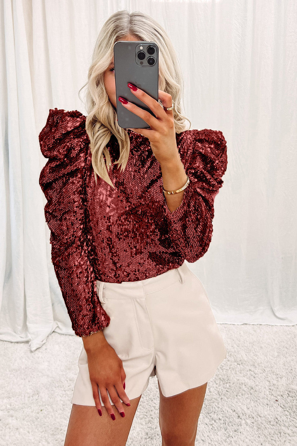 Women's Bubble Sleeve Sequin Mock Neck Top