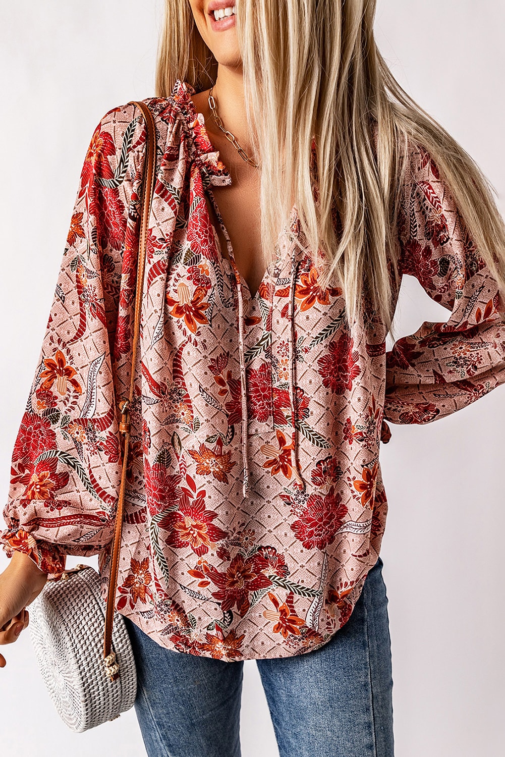Women's Split V Neck Printed Blouse
