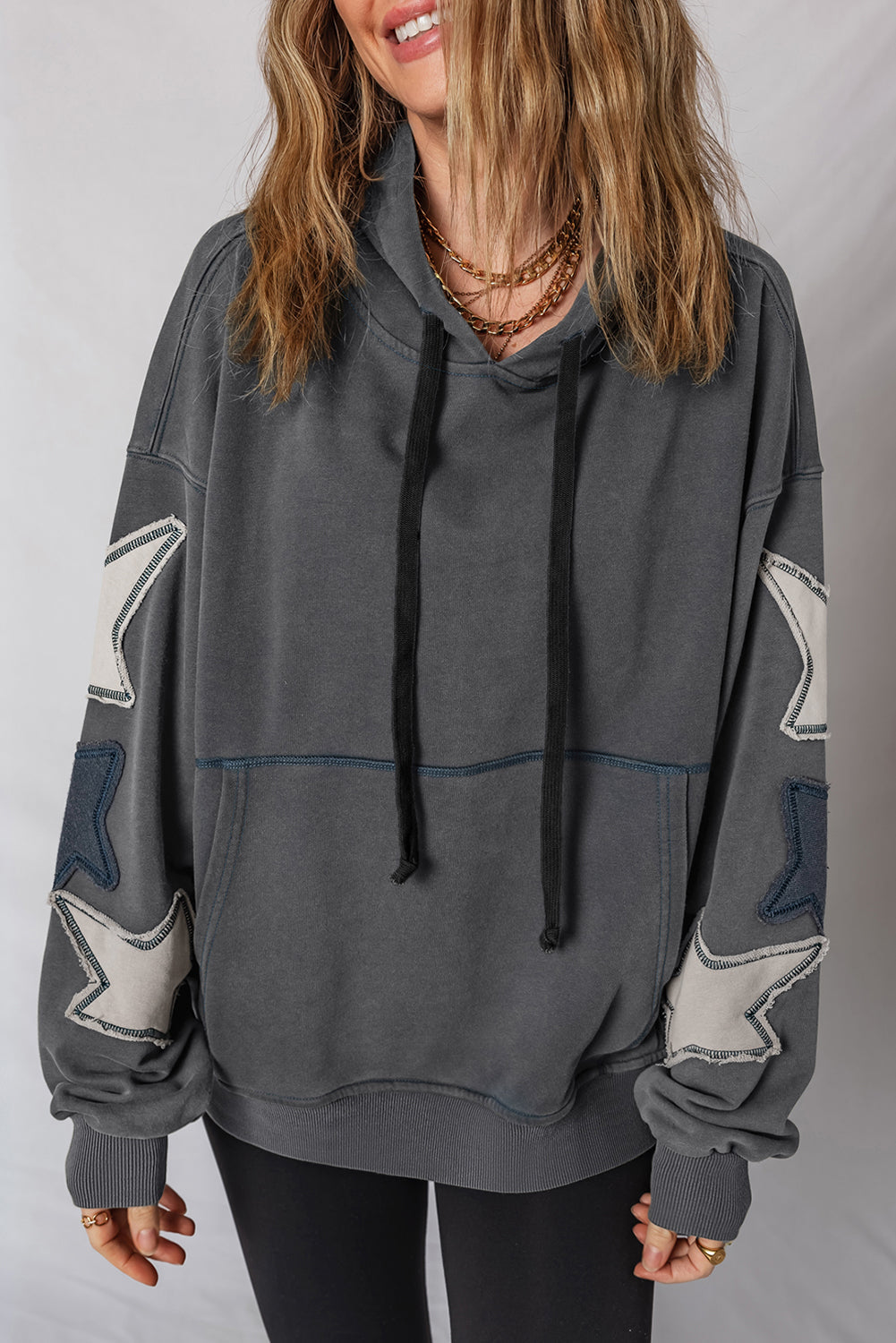 Star Stitching Patchwork Contrast Mineral Wash Kangaroo Pocket Retro Hoodie