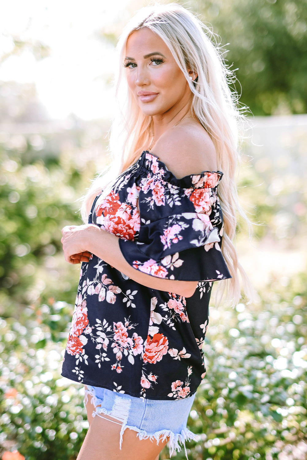 Women's Blouse Featuring Floral-Print Ruffle-Trimmed Flounce Sleeve