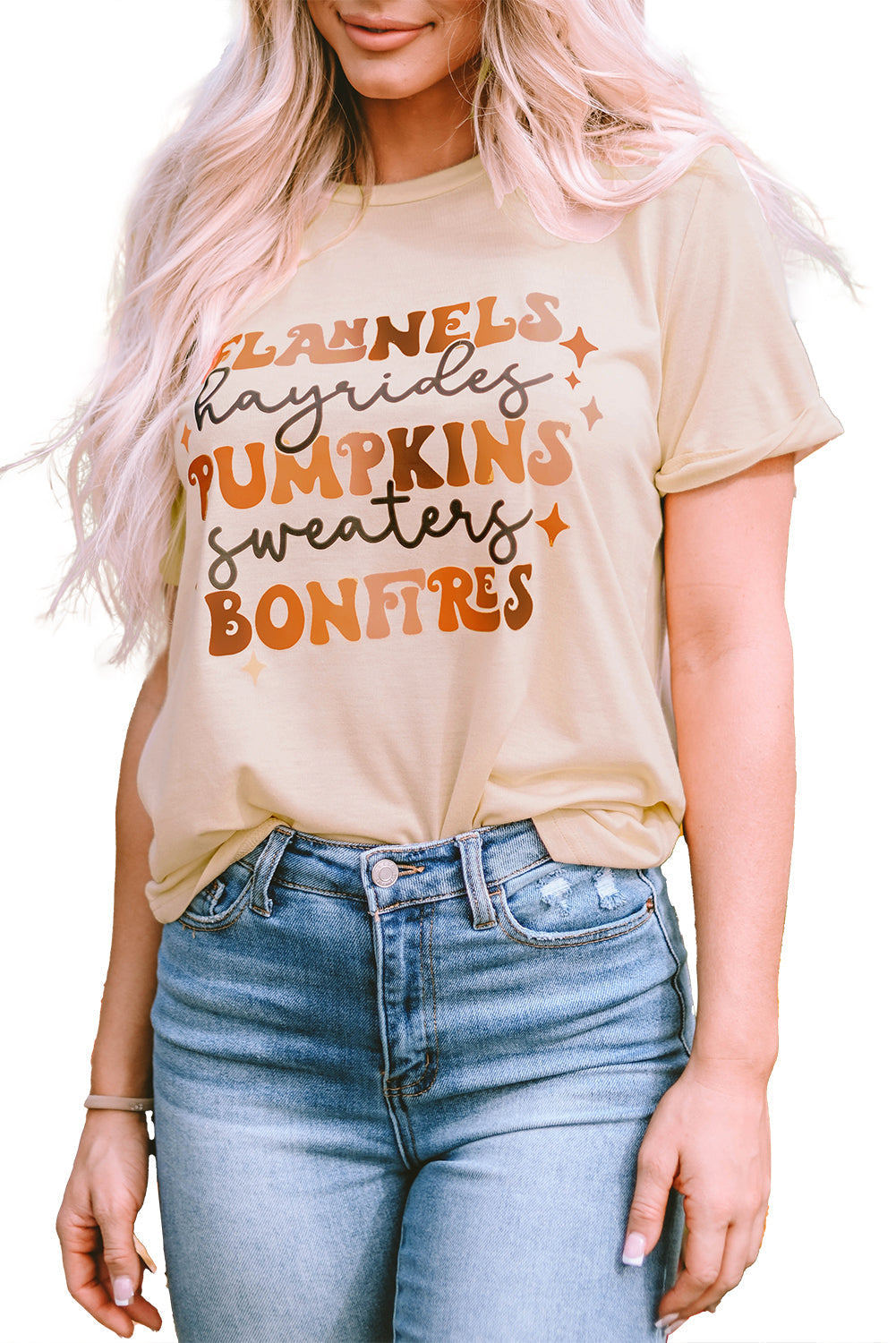 Women's Tee Featuring Bonfires Flannels Hayrides Pumpkins Sweaters