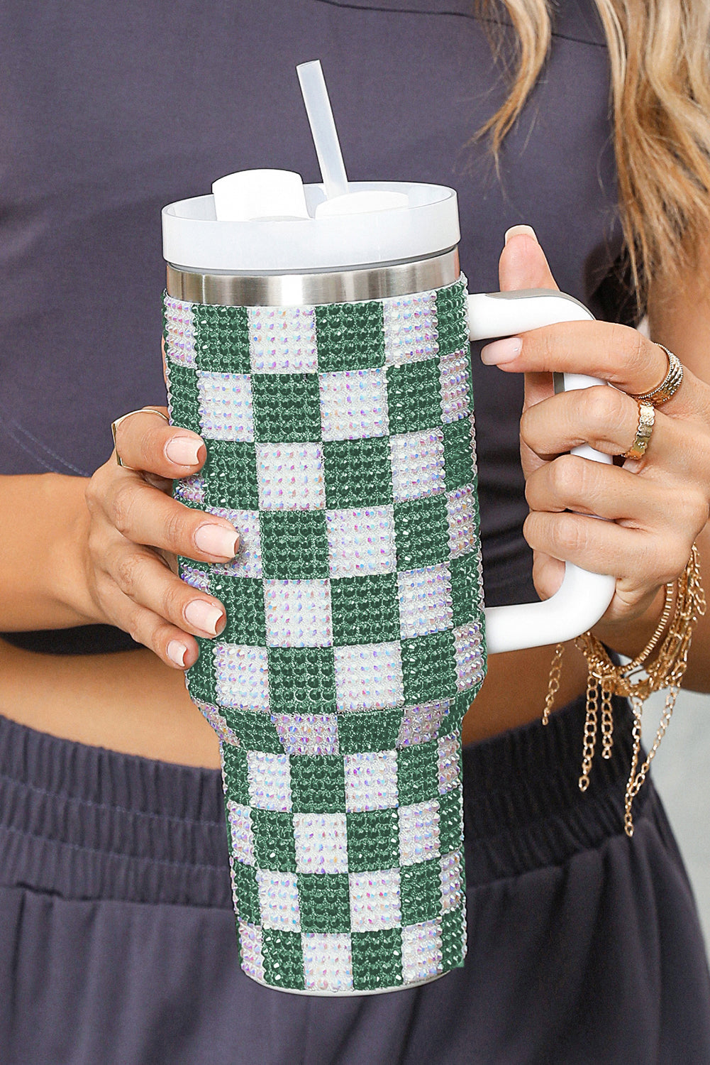 Full Handled Rhinestone Checkerboard Tumbler 40oz