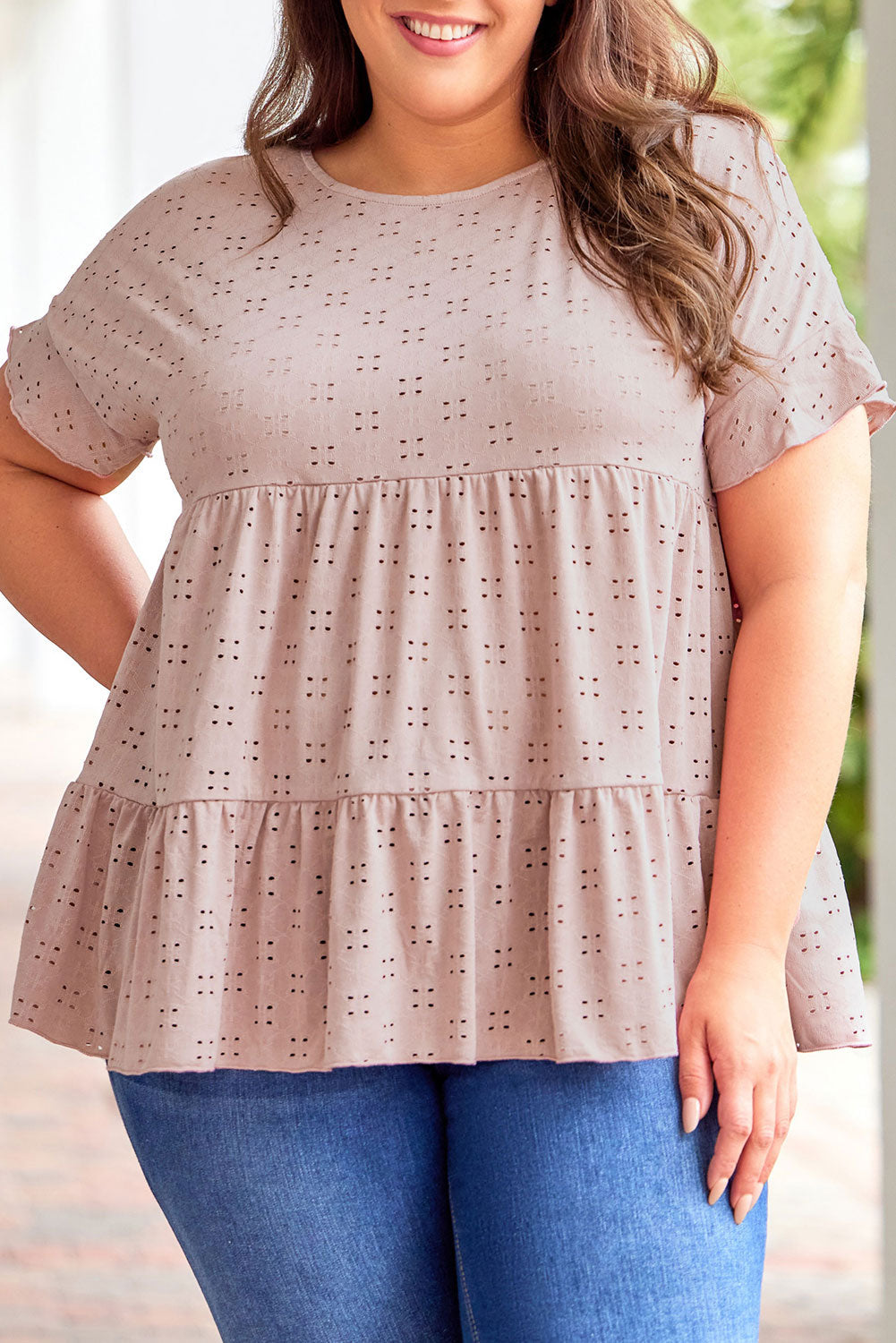 Babydoll Top for Women Plus Size Eyelet Pattern Ruffle-Trimmed Sleeve