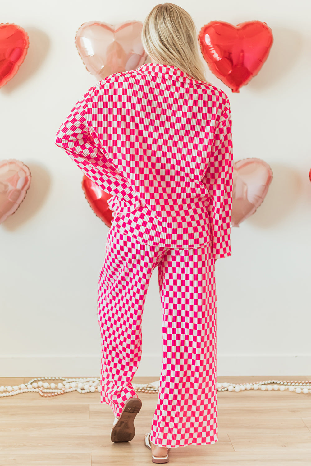 Checkered and Button-Front Shirt High-Waisted Pants Pajama Set in Pink