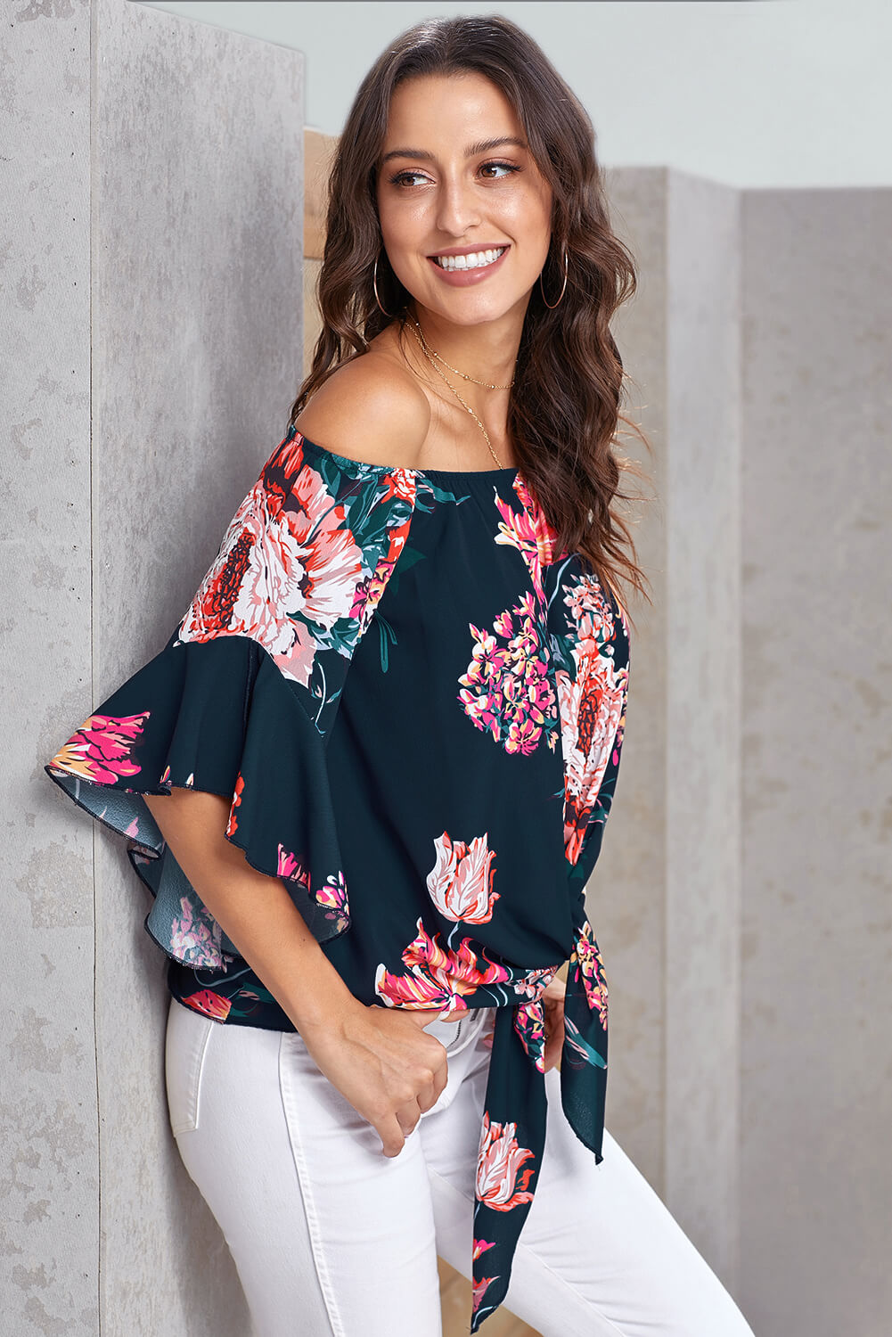 Women's Floral-Print Tie Front High Low Chiffon Navy Off Shoulder Blouse