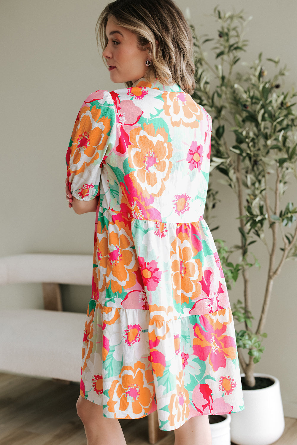 Floral Puff Sleeve Collar Buttoned Babydoll Dress