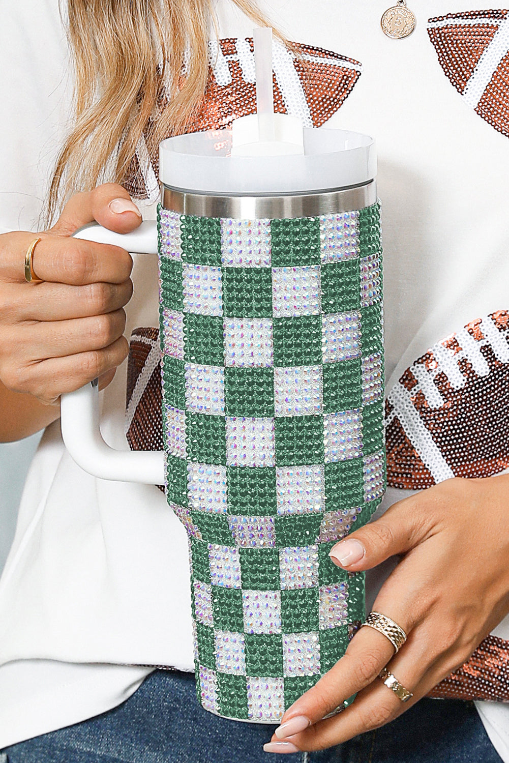 Full Handled Rhinestone Checkerboard Tumbler 40oz